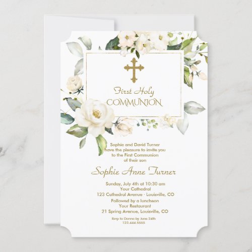Luxury White Flowers Gold First Holy Communion Invitation