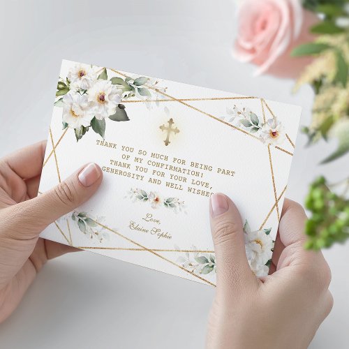 Luxury White Flowers Gold Girl Confirmation  Thank You Card