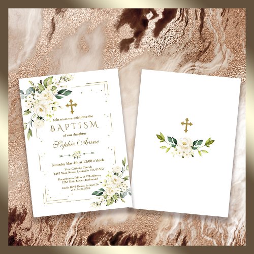 Luxury White Flowers Gold Glitter Frame Baptism Invitation