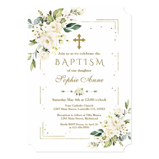 Luxury White Flowers Gold Glitter Frame Baptism Invitation | Zazzle.com