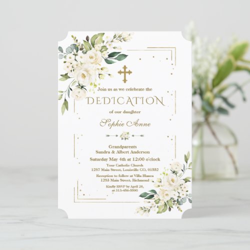 Luxury White Flowers Gold Glitter Frame Dedication Invitation