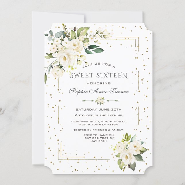 Luxury White Flowers Gold Glitter Sweet Sixteen Invitation (Front)