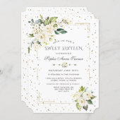 Luxury White Flowers Gold Glitter Sweet Sixteen Invitation (Front/Back)