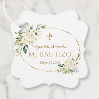 Luxury White Flowers Gold Mi Bautizo Favor Tags