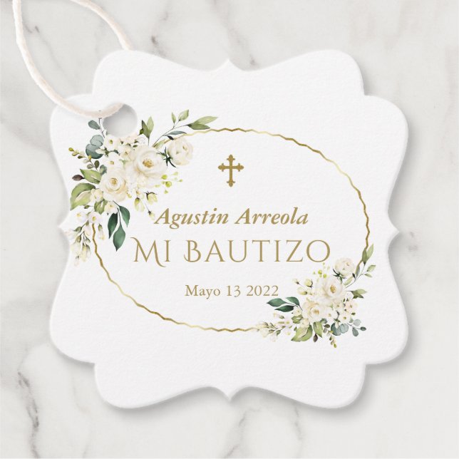 Luxury White Flowers Gold Mi Bautizo Favor Tags (Front)