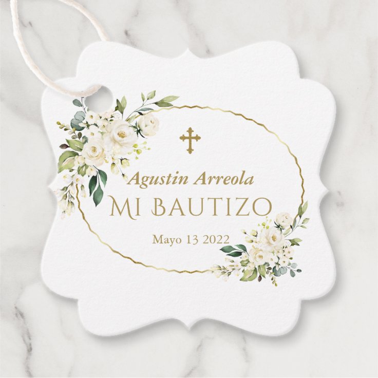 Luxury White Flowers Gold Mi Bautizo Favor Tags | Zazzle