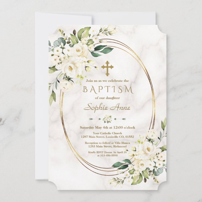 Luxury White Flowers Marble Gold Cross Baptism Invitation (Front)