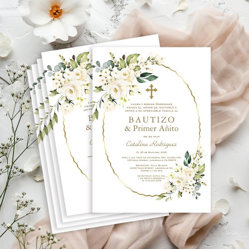 Luxury White Flowers Spanish 1st Birthday Baptism Invitation