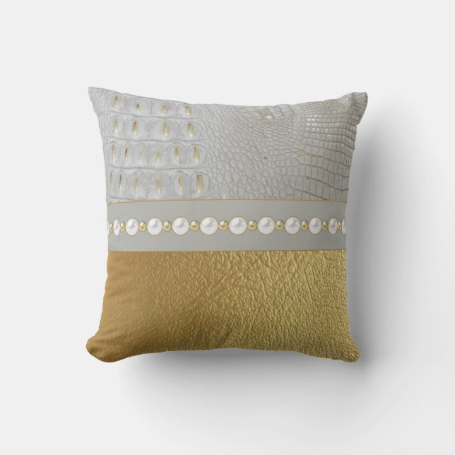 Luxury White Gold Alligator Hide and Pearls Throw Pillow (Front)