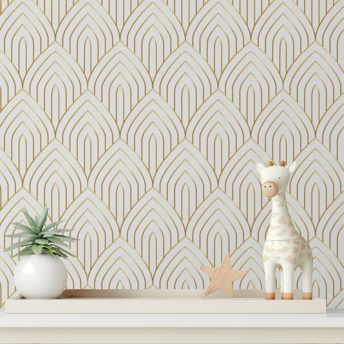 Luxury White Gold Art Deco Geometric Pattern Wallpaper