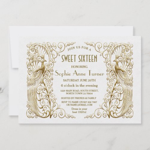 Luxury White Gold Art Deco Peacocks Sweet Sixteen Invitation