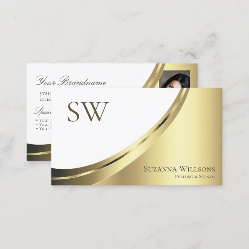 Luxury White Gold Decor with Monogram and Photo Business Card