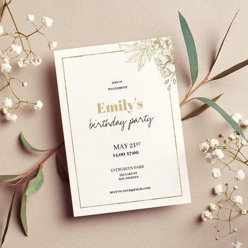 Luxury white gold elegant floral birthday invitation