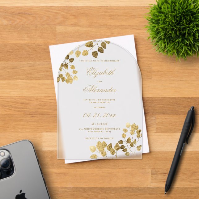 Luxury white gold eucalyptus elegant wedding acrylic invitations (Insitu (Invitation Card))