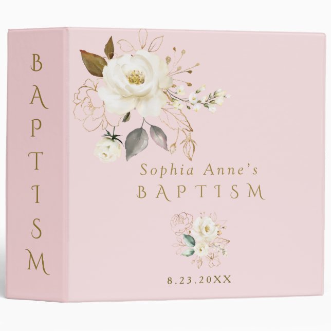 Luxury White Gold Floral Baptism Photo Album 3 Ring Binder (Front/Spine)