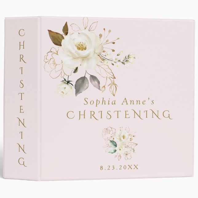 Luxury White Gold Floral Christening Photo Album 3 Ring Binder (Front/Spine)