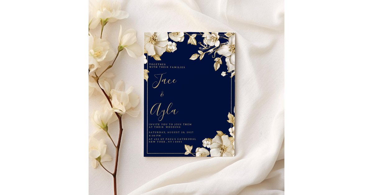 Luxury white gold floral navy blue Wedding Invitation | Zazzle