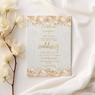 Luxury white gold french floral lace Wedding Invitation