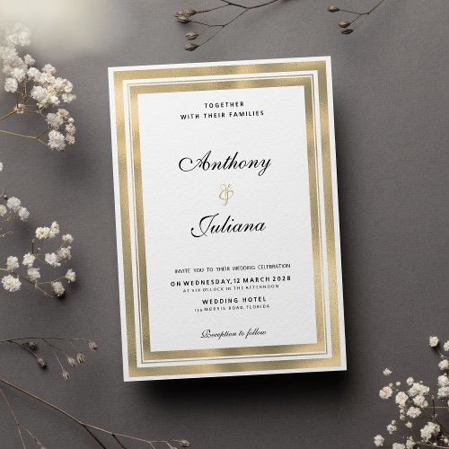 Luxury white gold geometric frame elegant wedding  invitation