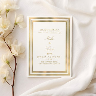 Luxury white gold geometric frame Wedding Invitation