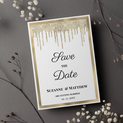 Luxury white gold glitter drips Save the Date Invitation
