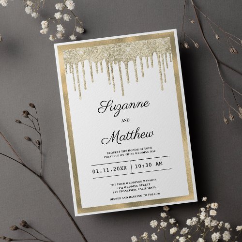 Luxury white gold glitter drips wedding invitation