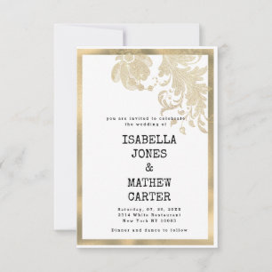 Luxury white gold glitter flowers glam wedding invitation