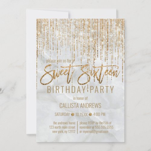 Luxury White Gold Glitter Pearl Marble Sweet 16 Invitation