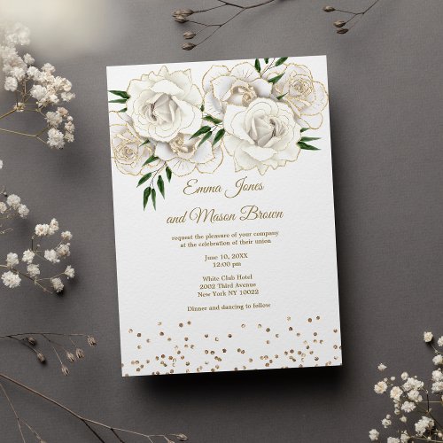 Luxury white gold glitter roses romantic Wedding Invitation