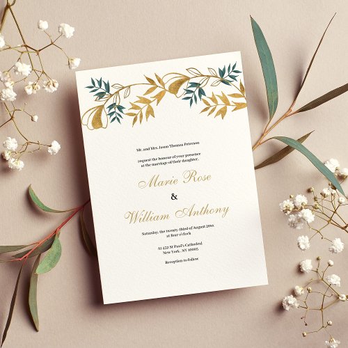 Luxury white gold grayish cyan foliage Wedding  Invitation