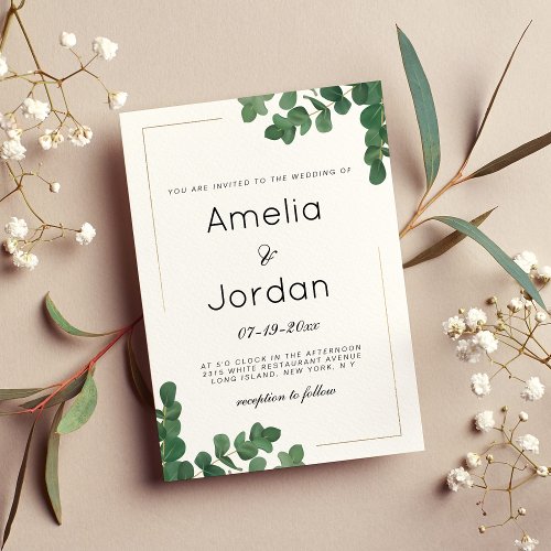 Luxury white gold green eucalyptus leaves wedding invitation