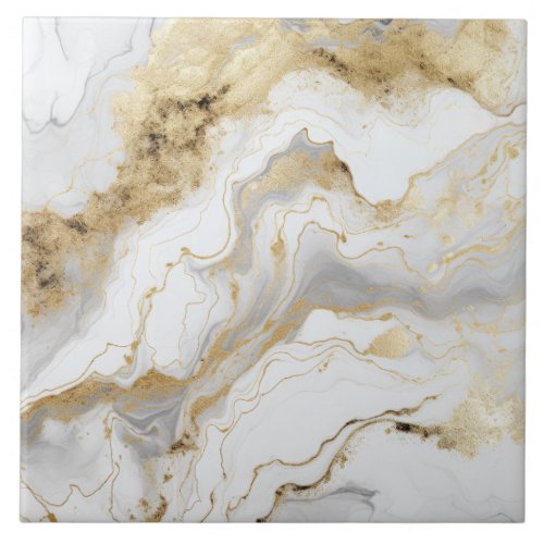 Luxury White Gold Marble And Alcohol Ink Abstract Ceramic Tile