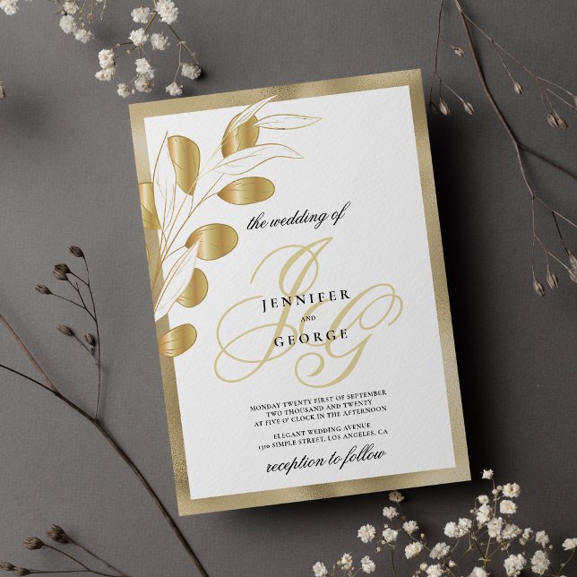 Luxury white gold monogram initials floral wedding invitation (Luxury white gold monogram initials floral wedding)