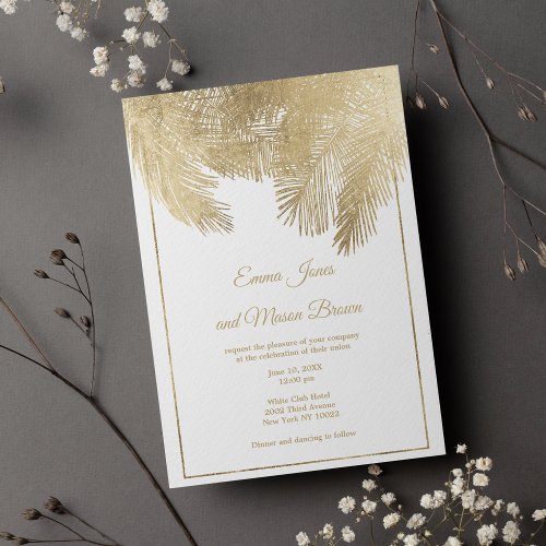 Luxury white gold palm tree tropical Wedding Invitation