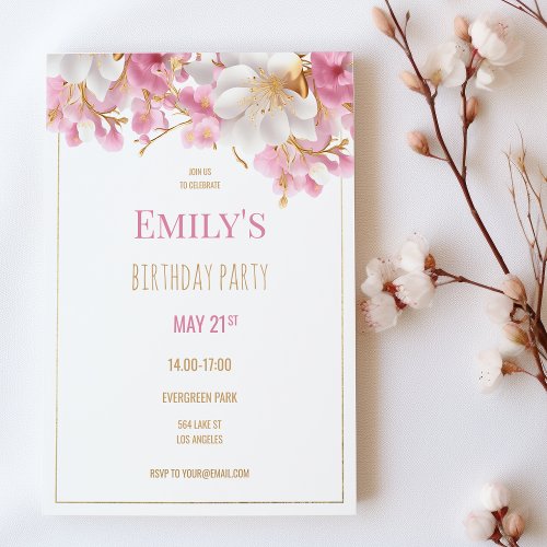 Luxury white gold pink elegant floral birthday invitation