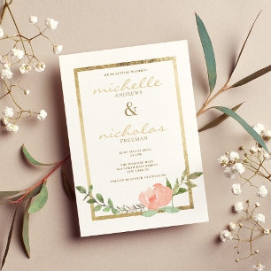 Luxury white gold pink mint spring floral wedding invitation