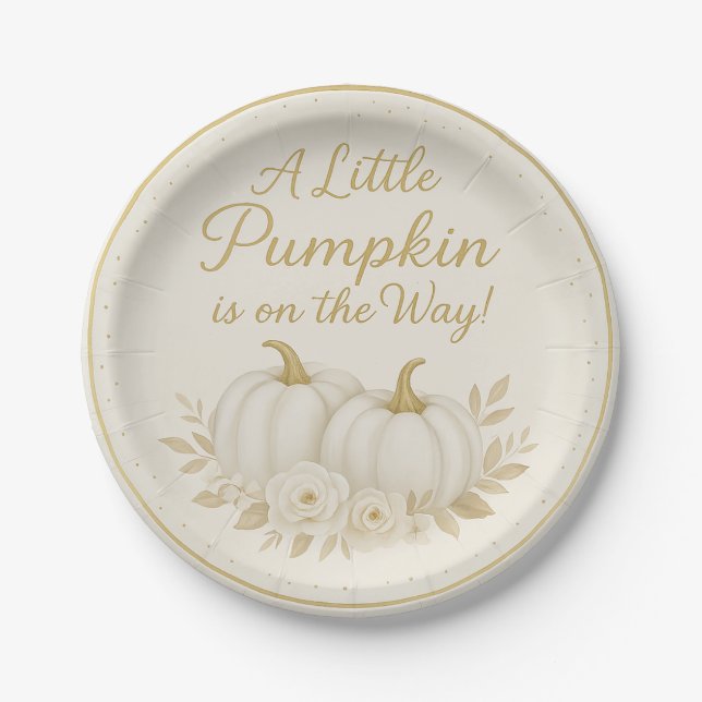 Luxury White & Gold Pumpkin Baby Shower Paper Plat Paper Plates (Front)