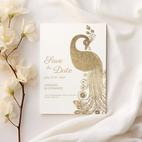 Luxury white gold royal peacock Save the Date  Invitation