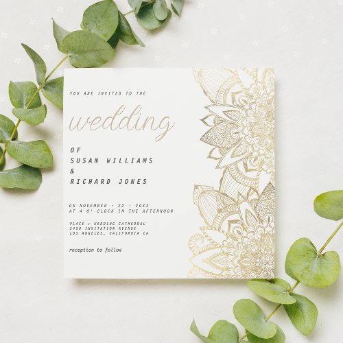  Luxury white gold script floral mandala wedding Invitation