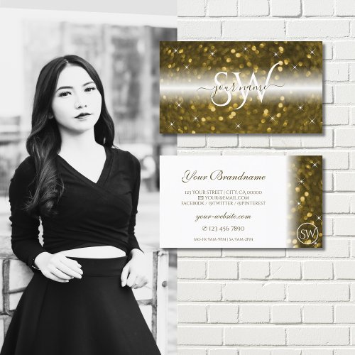 Luxury White Gold Sparkling Glitter Stars Initials Business Card