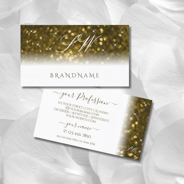 Luxury White Gold Sparkling Glitter Stars Monogram Business Card (Creator Uploaded)