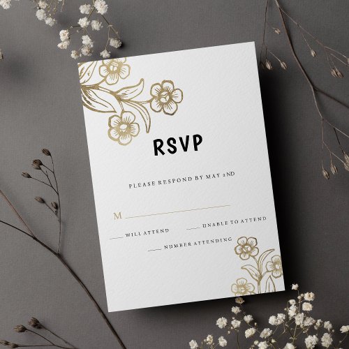 Luxury white gold typography floral wedding RSVP Invitation