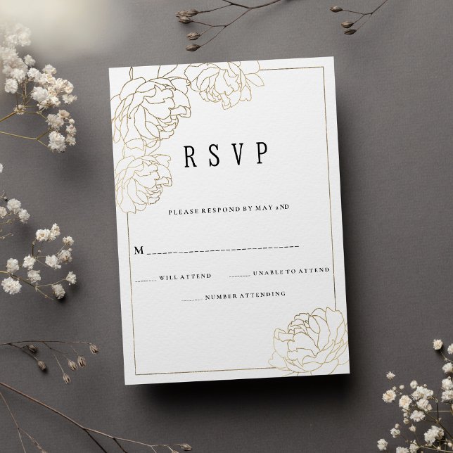 Luxury white gold typography peony floral RSVP  Invitation (Luxury white gold typography peony floral RSVP)