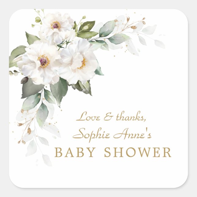 Luxury White Imperial Lilies Roses Baby Shower Squ Square Sticker (Front)