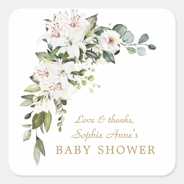 Luxury White Imperial Lilies Roses Baby Shower Square Sticker (Front)