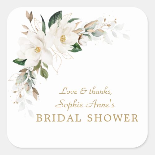 Luxury White Magnolia Floral Bridal Shower   Square Sticker