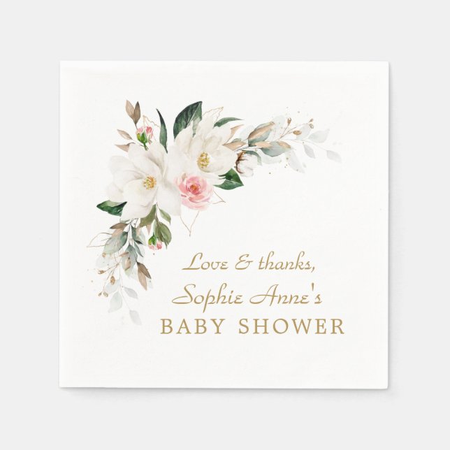 Luxury White Magnolia Pink Floral Baby Shower    Napkins (Front)