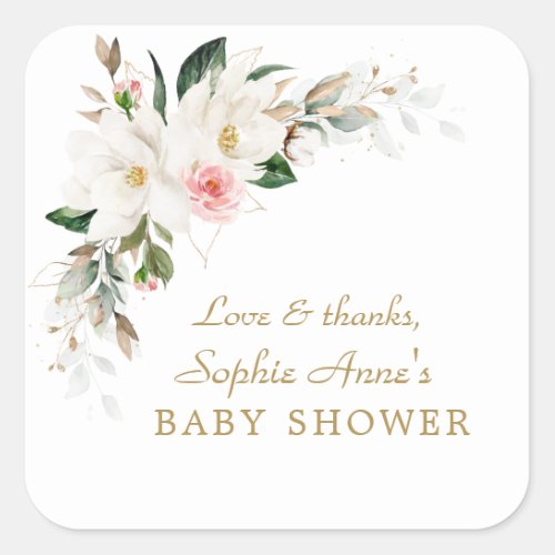 Luxury White Magnolia Pink Floral Baby Shower    Square Sticker