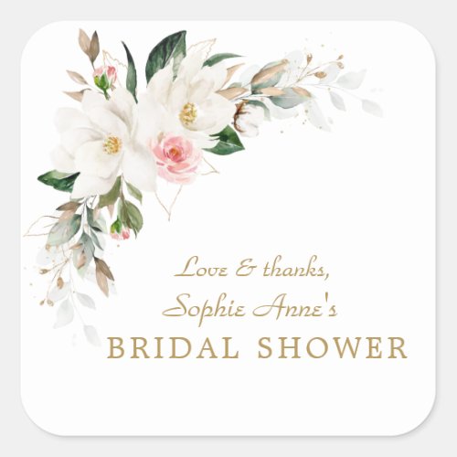 Luxury White Magnolia Pink Floral Bridal Shower   Square Sticker
