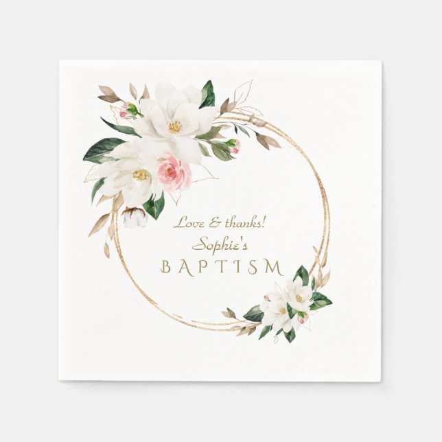 Luxury White Magnolia Pink Floral Gold Baptism  Napkins (Front)